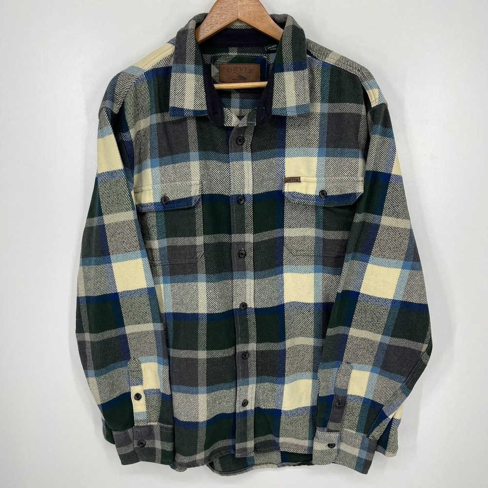 Orvis Mens XXL Blue Green Cream Plaid Flannel Button Down Shirt